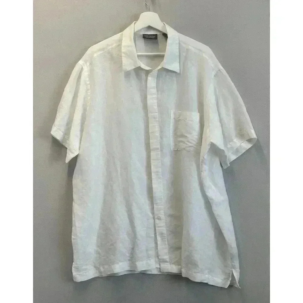 Vintage Greg Norman Collection Mens Sz XL White Short Sleeve Linen Blend Shirt